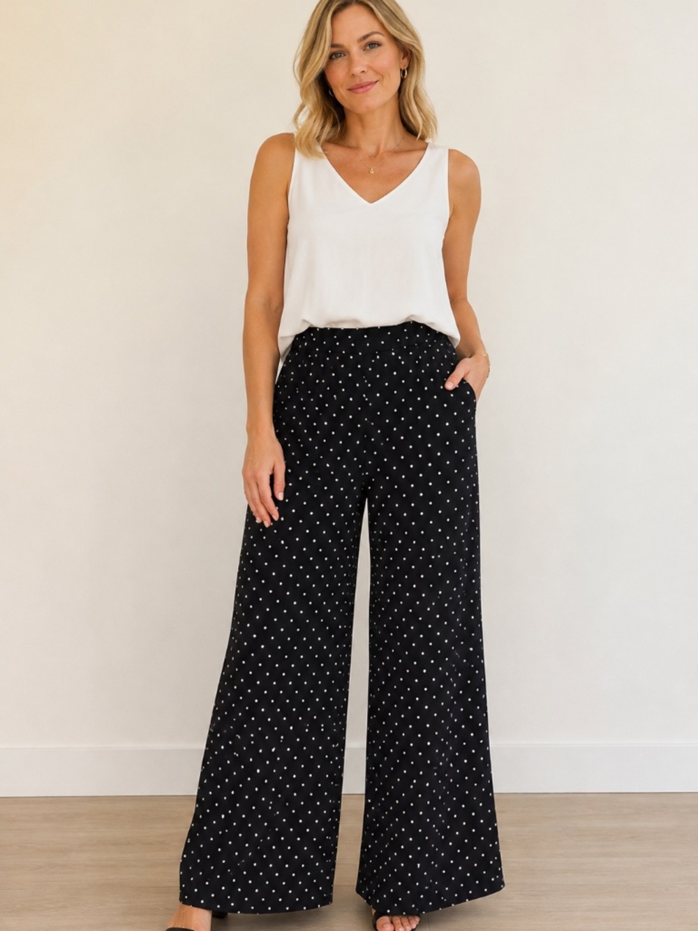Chico's wide leg palazzo pants 3.5/XL/18 black/white polkadots pull on work